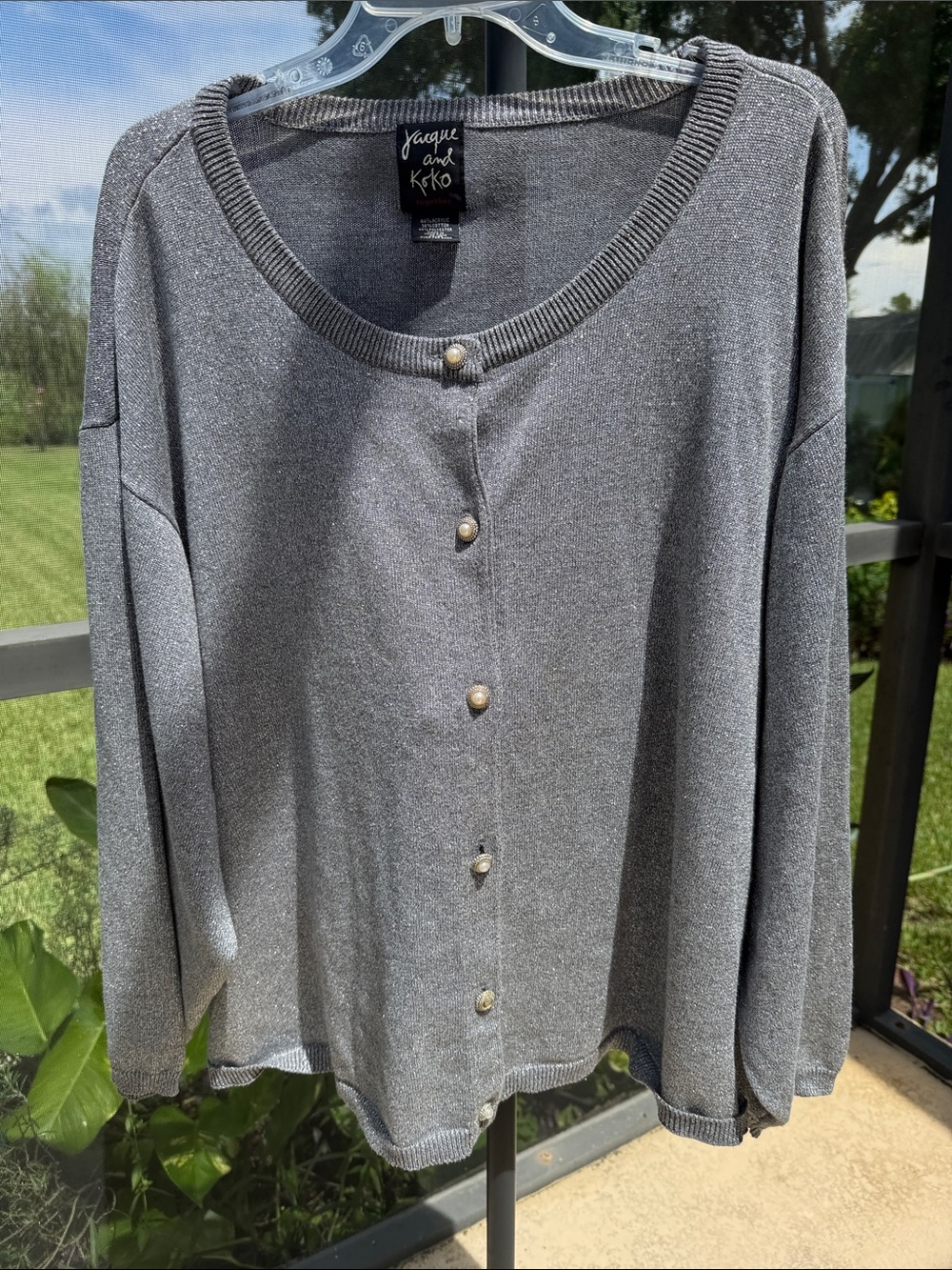 Jacque and Koko Women's Gray silver metallic Button-Front Knit Cardigan 26/28